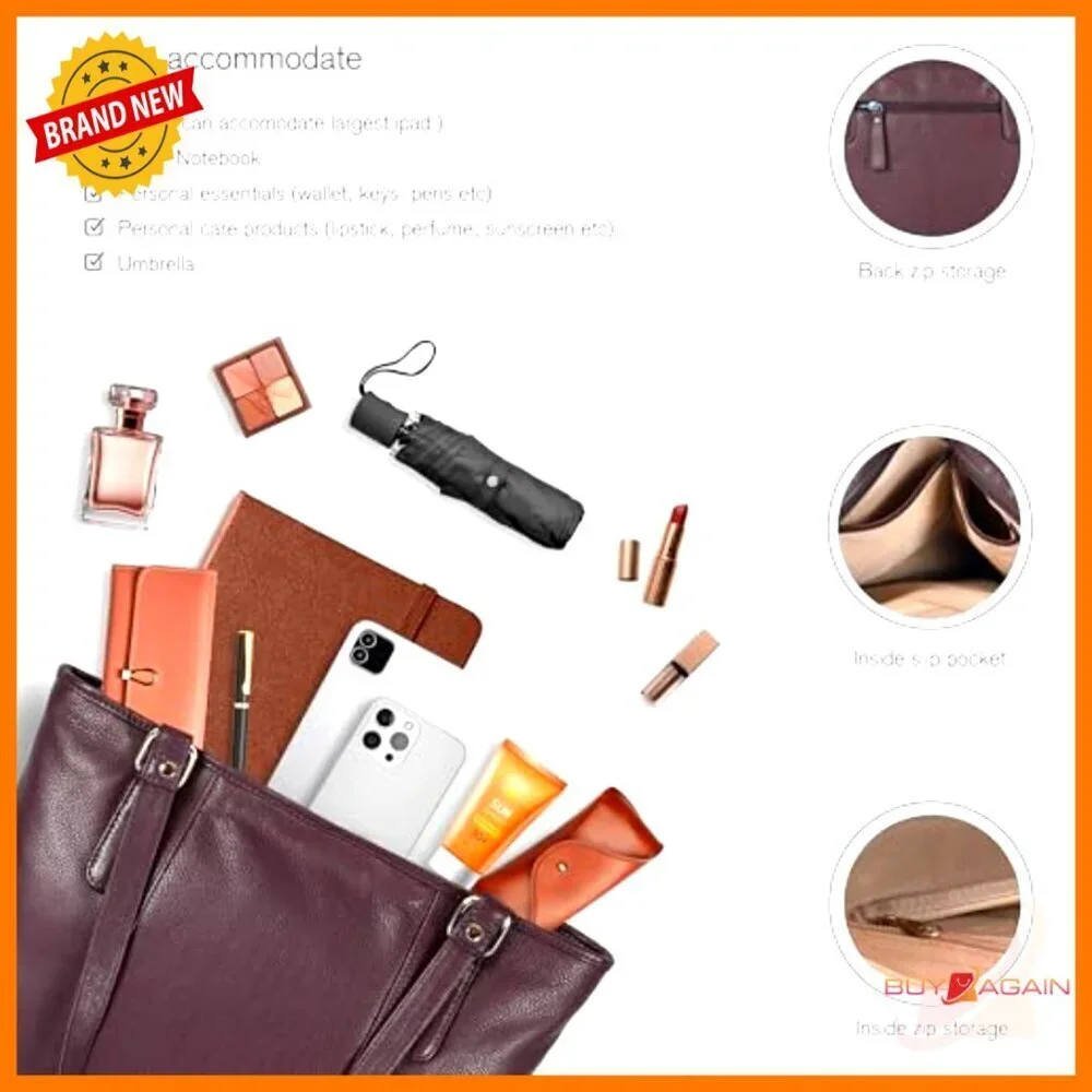 Genuine Leather Tote Bag for Women, Adjustable Strap, Multiple Pockets, Work